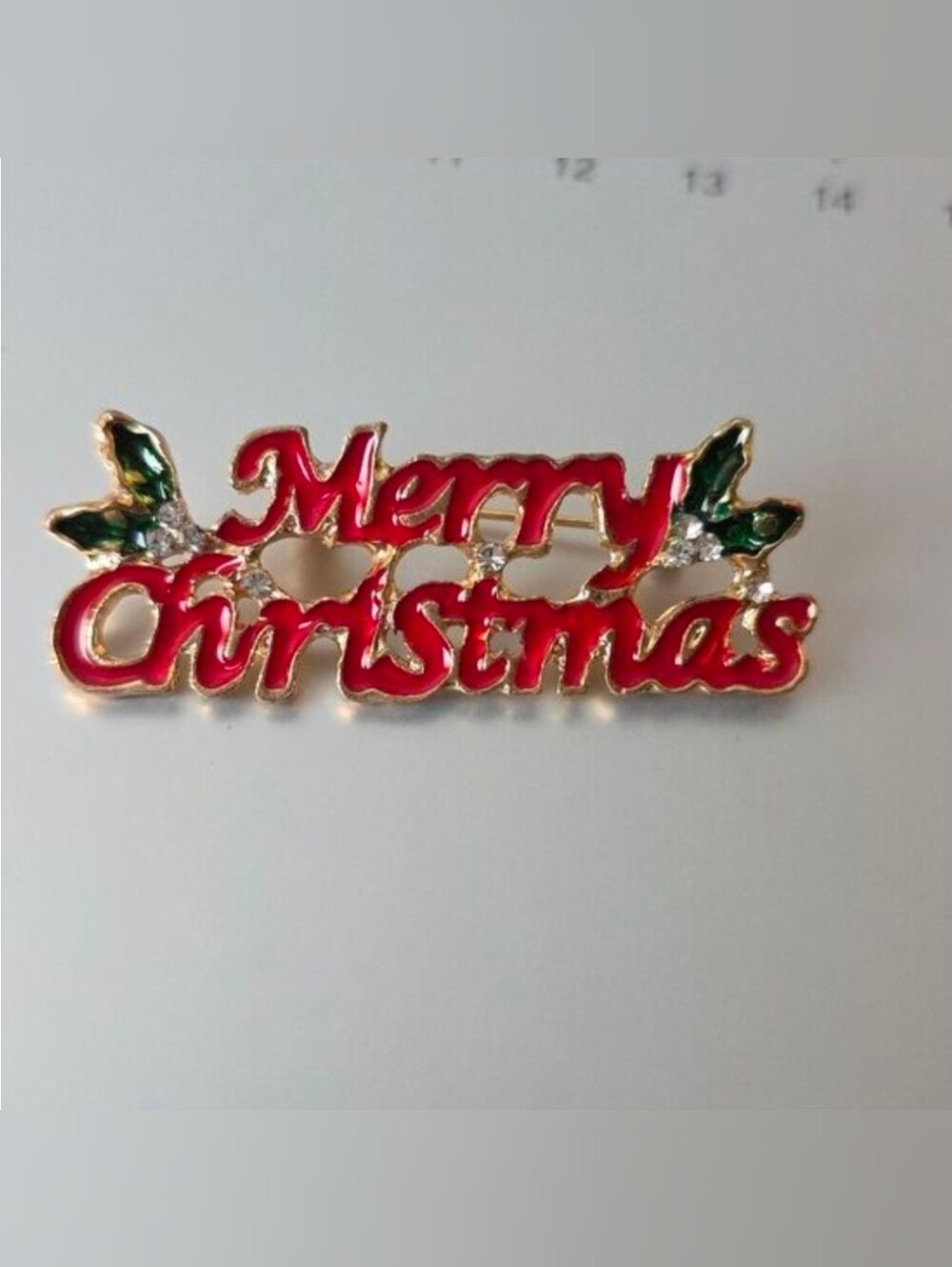 Merry Christmas Pin BROOCH HOLLY LEAVES BLING